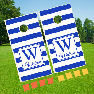 Modern Personalized Monogram Blue Stripes Cornhole Set