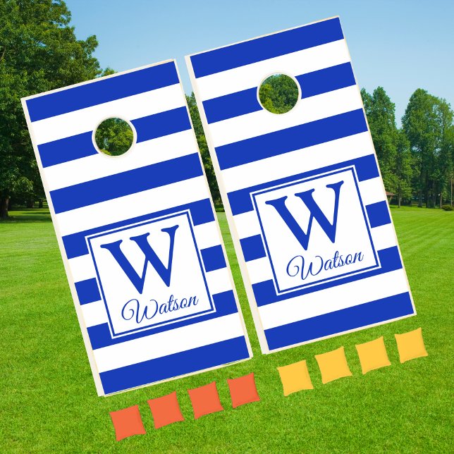 Modern Personalized Monogram Blue Stripes Cornhole Set (Creator Uploaded)