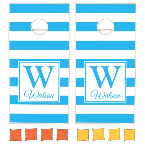 Modern Personalized Monogram Cerulean Blue Stripes Cornhole Set
