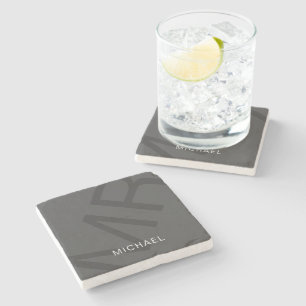 Modern Personalized Monogram Gray Stone Coaster