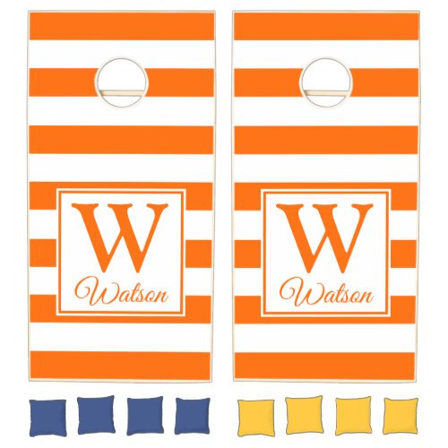 Modern Personalized Monogram Hot Orange Stripes Cornhole Set