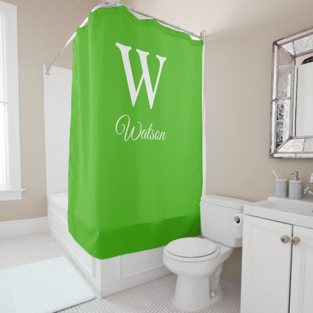 Modern Personalized Monogram Kelly Green Shower Curtain (In Situ)