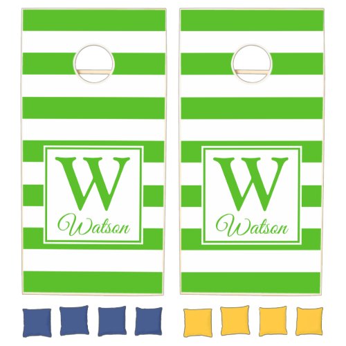 Modern Personalized Monogram Kelly Green Stripes Cornhole Set