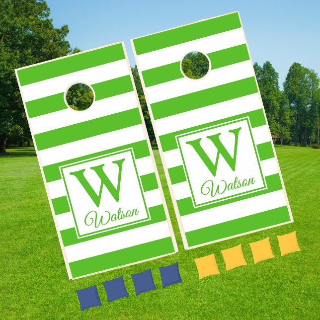 Modern Personalized Monogram Kelly Green Stripes Cornhole Set (Creator Uploaded)