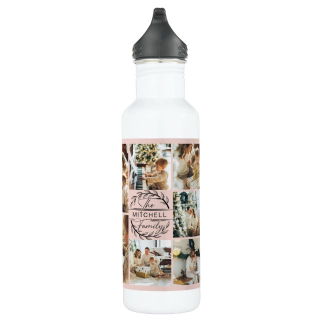 Modern Personalized Monogram & Photo Collage Pink Stainless Steel Water Bottle (Right)