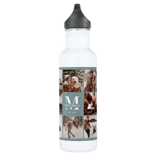Modern Personalized Monogram & Photo Collage Sage  Stainless Steel Water Bottle (Right)