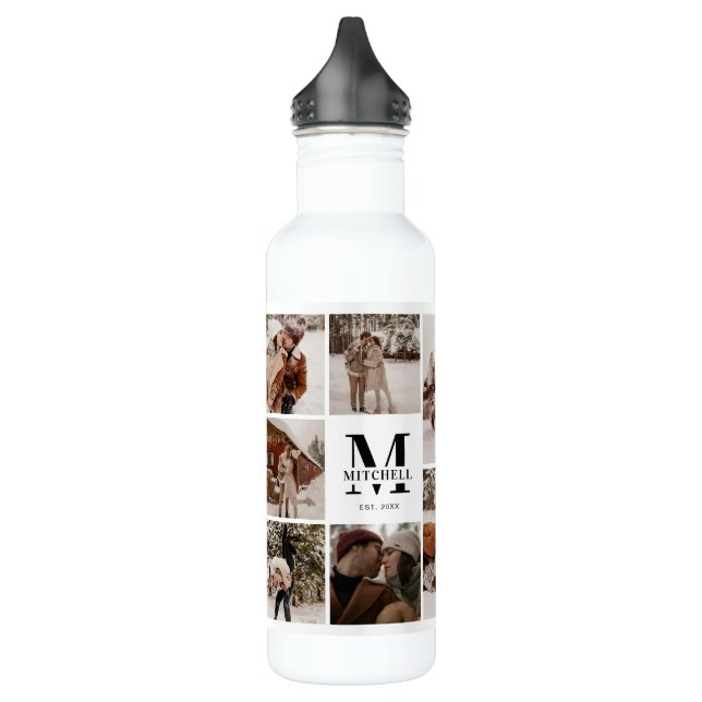 Modern Personalized Monogram & Photo Collage Stainless Steel Water Bottle (Left)