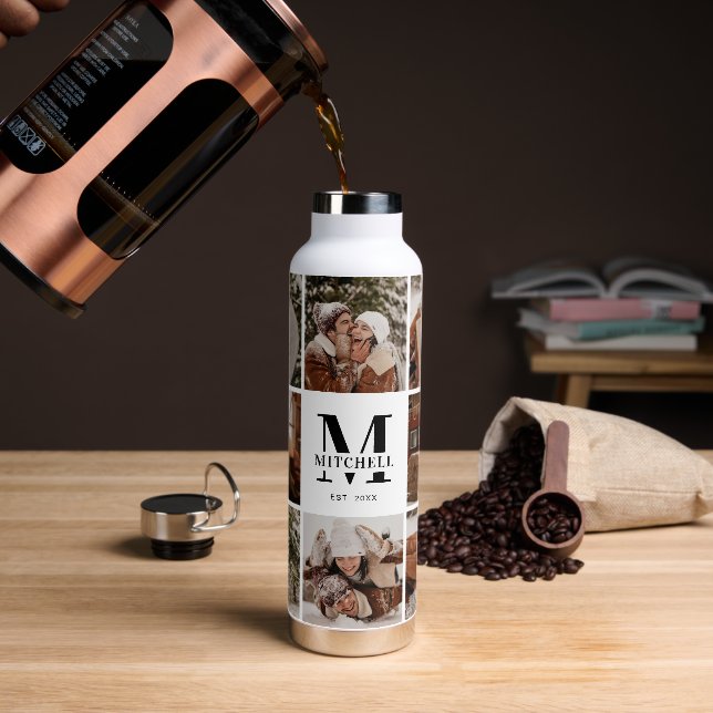 Modern Personalized Monogram & Photo Collage Water Bottle (Coffee)