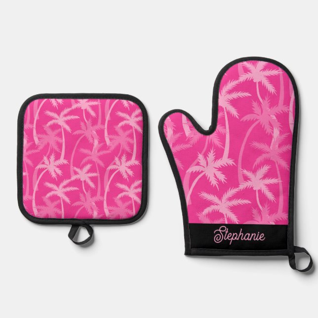 Modern Personalized Monogrammed Pink Palm Trees Oven Mitt & Pot Holder Set (Front)