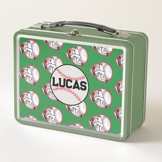 Modern Personalized Name Baseball Player green Metal Lunch Box (Front)