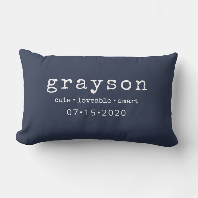 Modern Personalized Name Birthdate Blue Lumbar Pillow (Front)