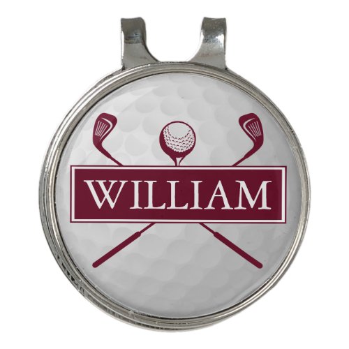 Modern Personalized Name Burgundy Ball And Clubs Golf Hat Clip