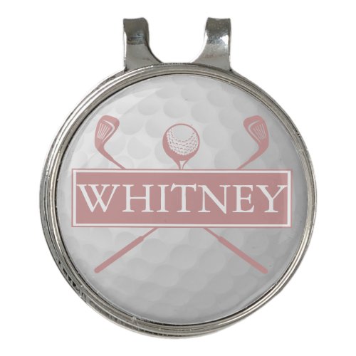 Modern Personalized Name Dusty Rose Ball And Clubs Golf Hat Clip