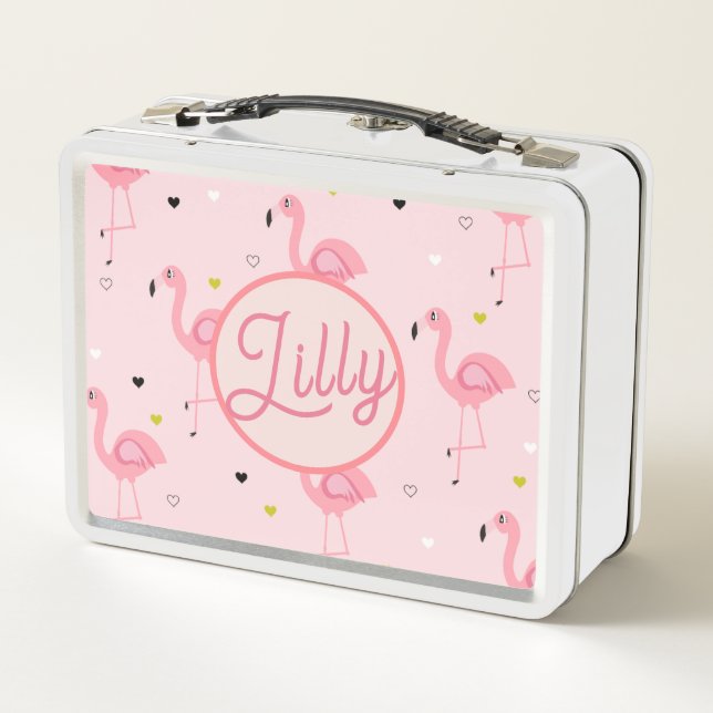 Modern Personalized Name Flamingo And Flowers Pink Metal Lunch Box (Back)