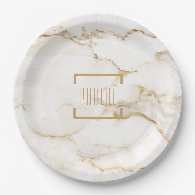 Modern Personalized Name Gold Effect Marble Cake S Paper Plates (Front)