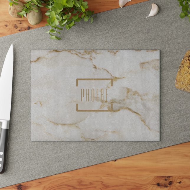 Modern Personalized Name Gold Effect Marble Cutting Board (Gold Marble Pattern Cutting Board)