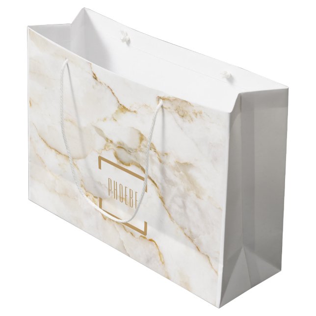 Modern Personalized Name Gold Effect Marble Large Gift Bag (Front Angled)
