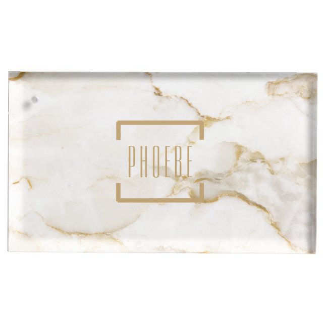Modern Personalized Name Gold Effect Marble Place Card Holder (Front)