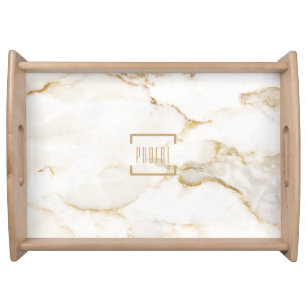 Modern Personalized Name Gold Effect Marble Serving Tray