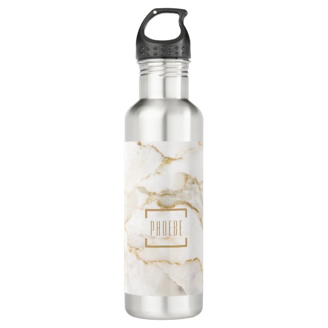 Modern Personalized Name Gold Effect Marble Stainless Steel Water Bottle (Front)