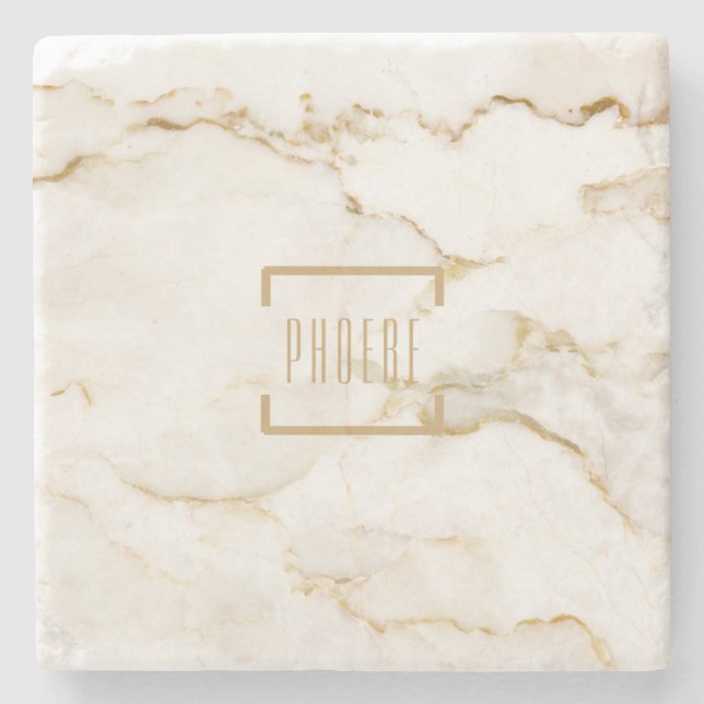 Modern Personalized Name Gold Effect Marble Stone Coaster (Front)