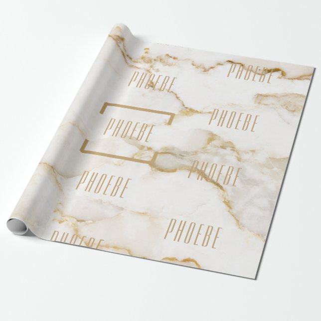 Modern Personalized Name Gold Effect Marble Wrapping Paper (Unrolled)