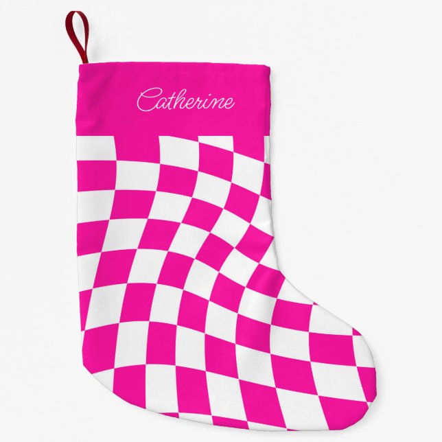 Modern Personalized Name Hot Pink Checkered  Small Christmas Stocking (Front)