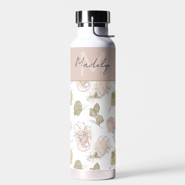 Modern Personalized Name Monogram Floral  Water Bottle (Left)