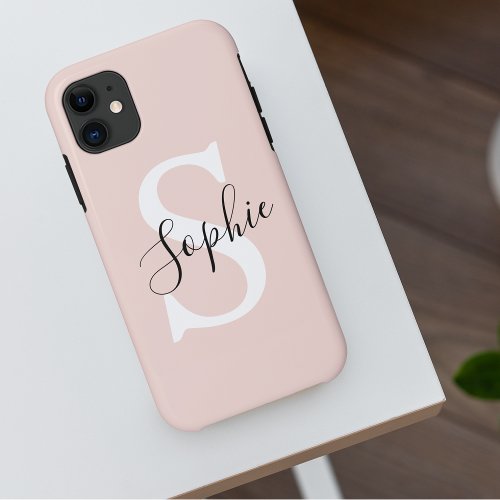 Modern Personalized Name Monogram Pastel Pink iPhone 11 Case