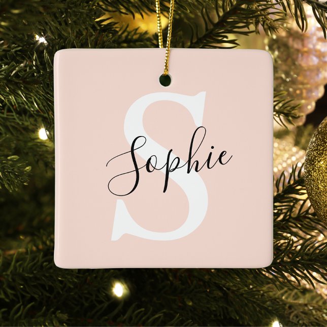 Modern Personalized Name Monogram Pastel Pink Ceramic Ornament (Creator Uploaded)