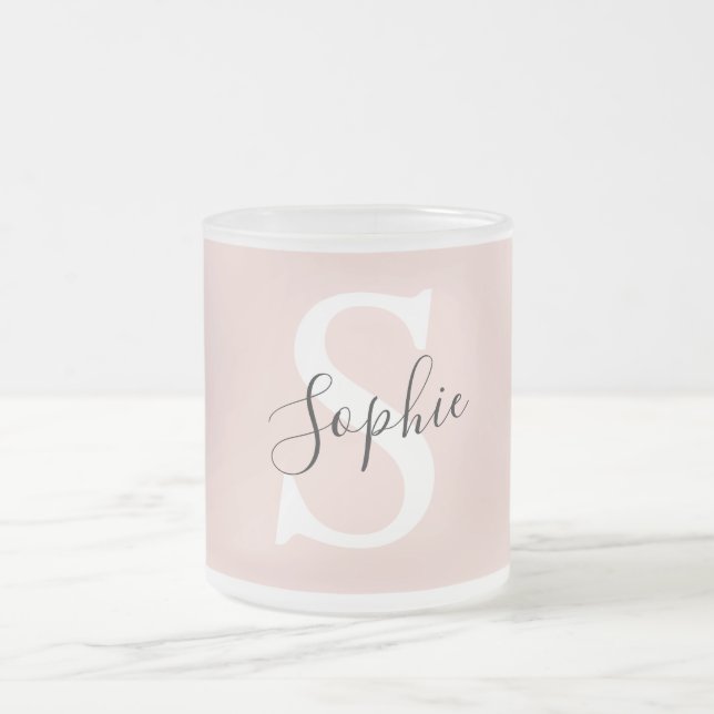 Modern Personalized Name Monogram Pastel Pink Frosted Glass Coffee Mug (Center)