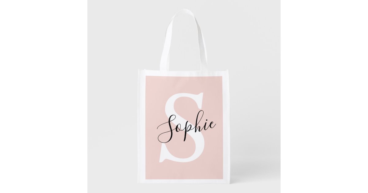 Modern Personalized Name Monogram Pastel Pink Grocery Bag | Zazzle