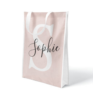 Modern Personalized Name Monogram Pastel Pink Grocery Bag