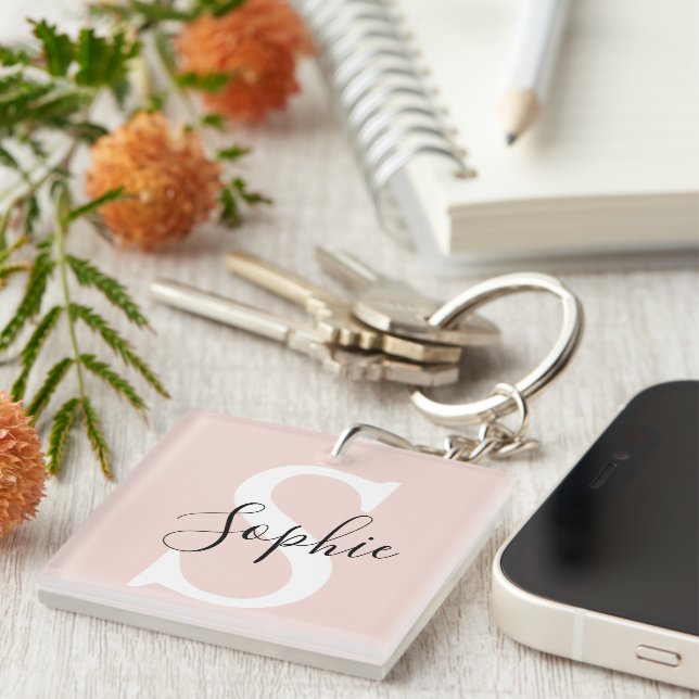 Modern Personalized Name Monogram Pastel Pink Keychain (Front Right)