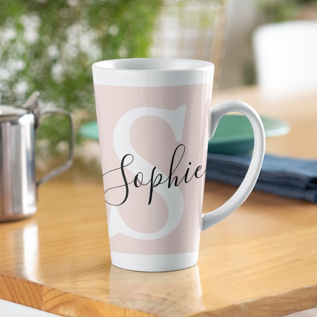 Modern Personalized Name Monogram Pastel Pink Latte Mug (Creator Uploaded)