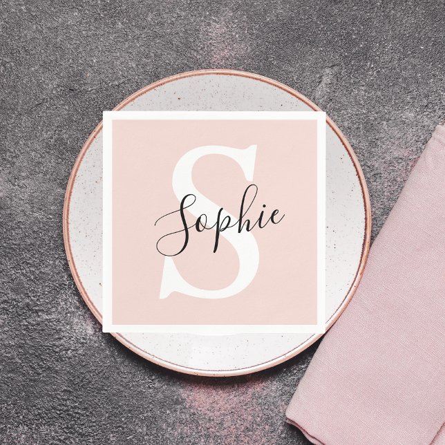 Modern Personalized Name Monogram Pastel Pink Napkins (Creator Uploaded)