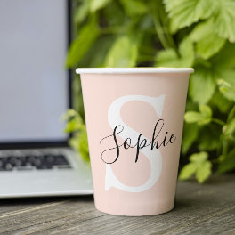 Modern Personalized Name Monogram Pastel Pink Paper Cups