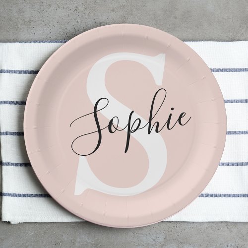 Modern Personalized Name Monogram Pastel Pink Paper Plates