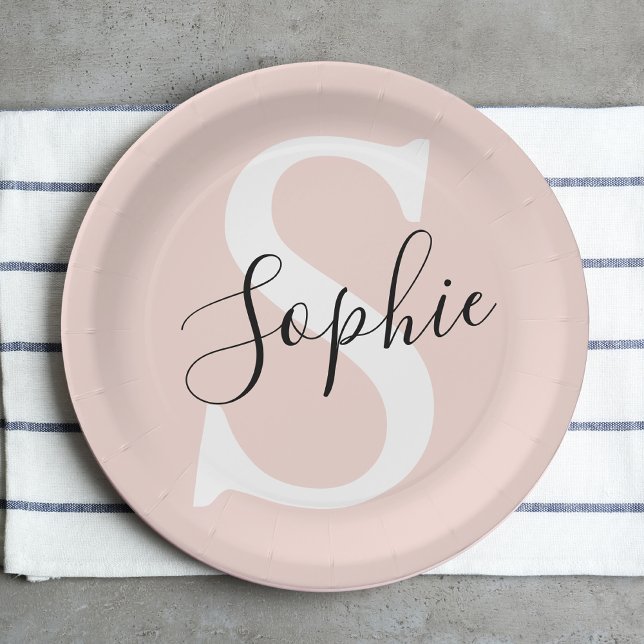Modern Personalized Name Monogram Pastel Pink Paper Plates (Creator Uploaded)