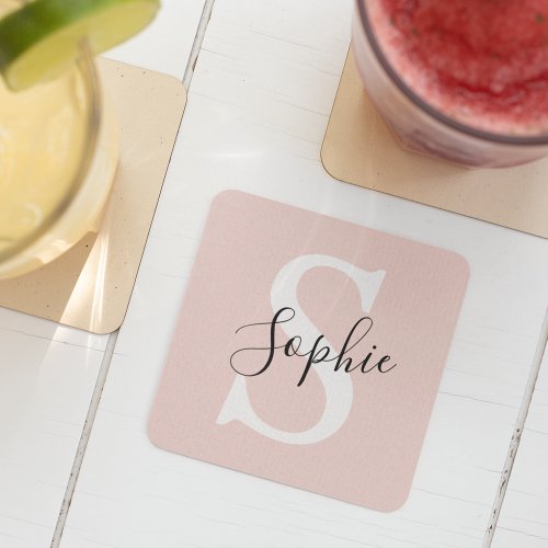 Modern Personalized Name Monogram Pastel Pink Square Paper Coaster