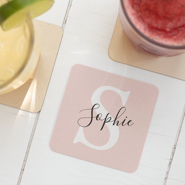 Modern Personalized Name Monogram Pastel Pink Square Paper Coaster (Creator Uploaded)