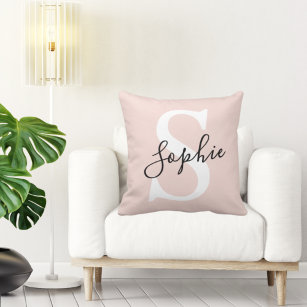 Modern Personalized Name Monogram Pastel Pink Throw Pillow