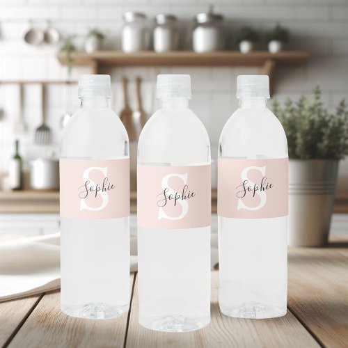 Modern Personalized Name Monogram Pastel Pink Water Bottle Label