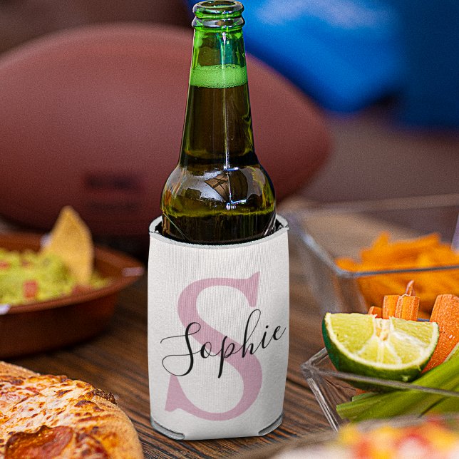 Modern Personalized Name Monogram Pink Can Cooler (Creator Uploaded)