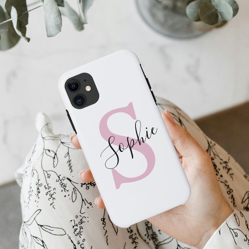 Modern Personalized Name Monogram Pink iPhone 11 Case
