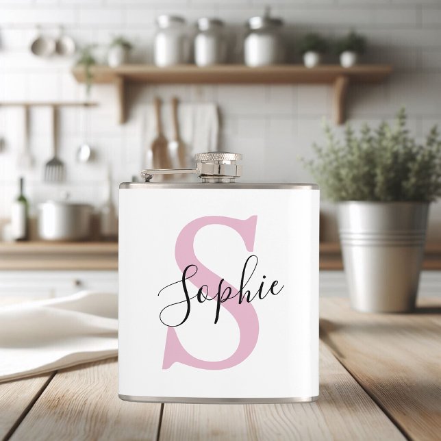 Modern Personalized Name Monogram Pink Flask (Creator Uploaded)