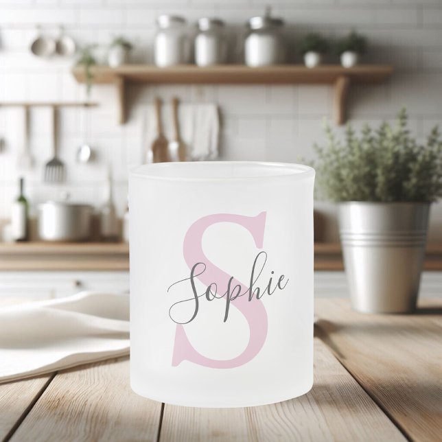 Modern Personalized Name Monogram Pink Frosted Glass Coffee Mug (Creator Uploaded)