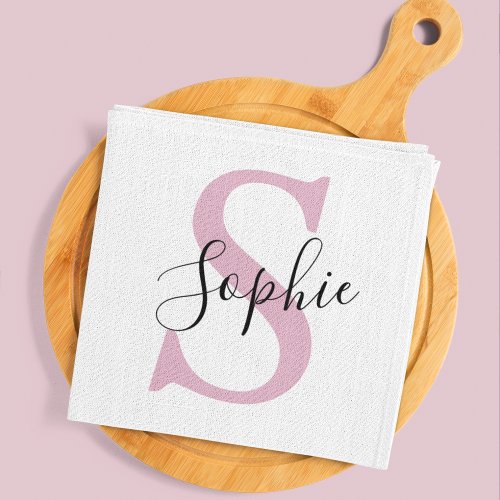 Modern Personalized Name Monogram Pink Kitchen Towel