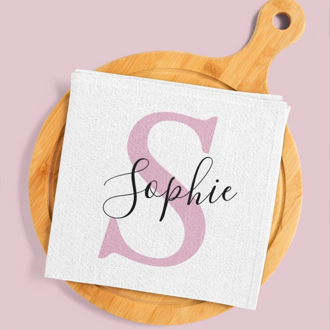Modern Personalized Name Monogram Pink Kitchen Towel (Creator Uploaded)