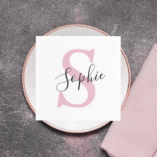 Modern Personalized Name Monogram Pink Napkins (Creator Uploaded)
